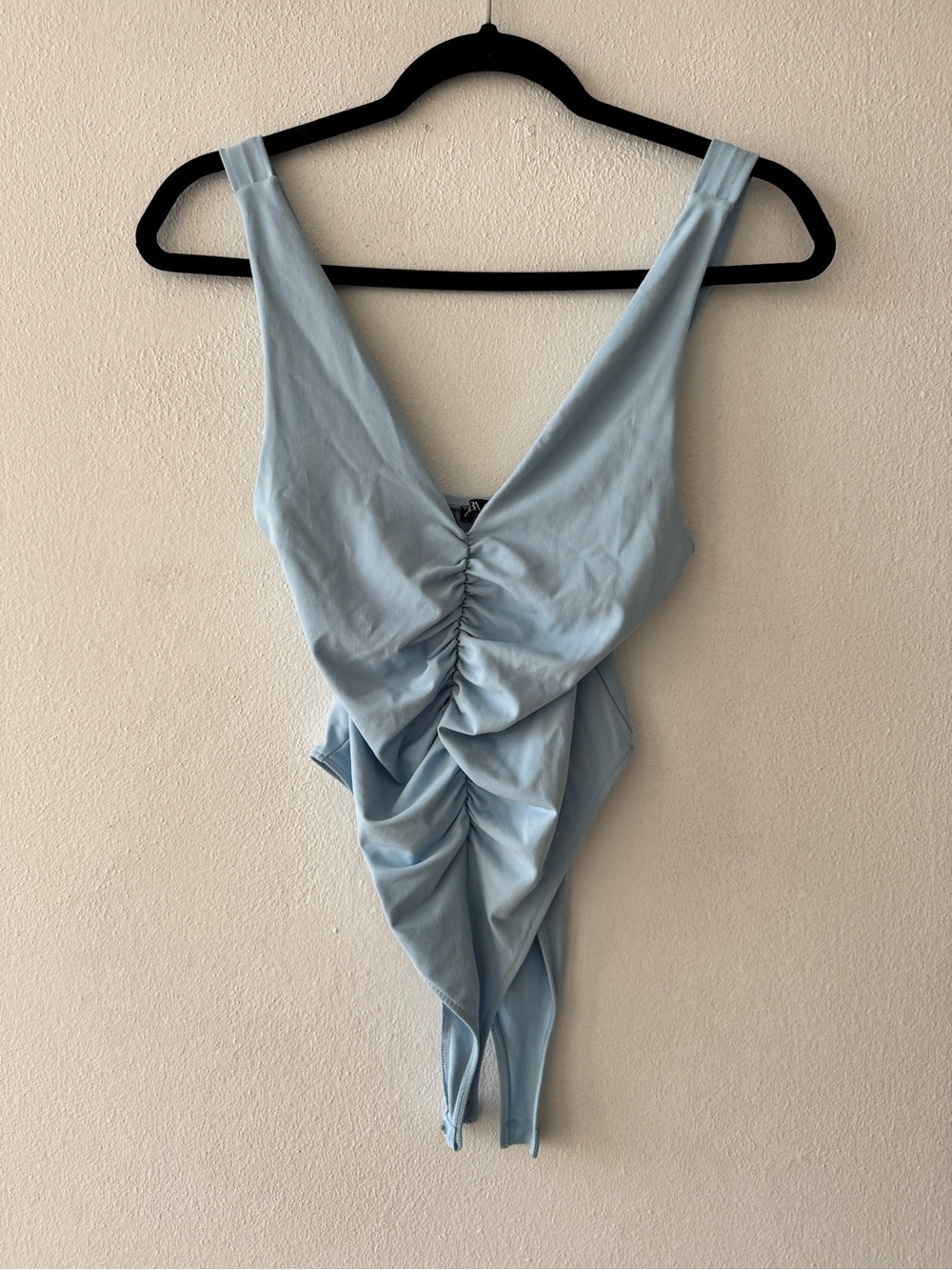 Light Blue Ruched V-Neck Women’s Bodysuit
